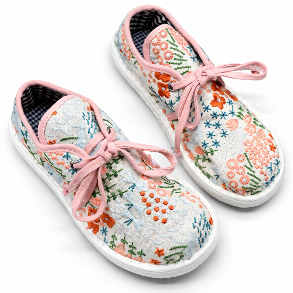 Handmade Embroidered Cotton Shoes – Traditional Floral Lace-Up Soft Sole