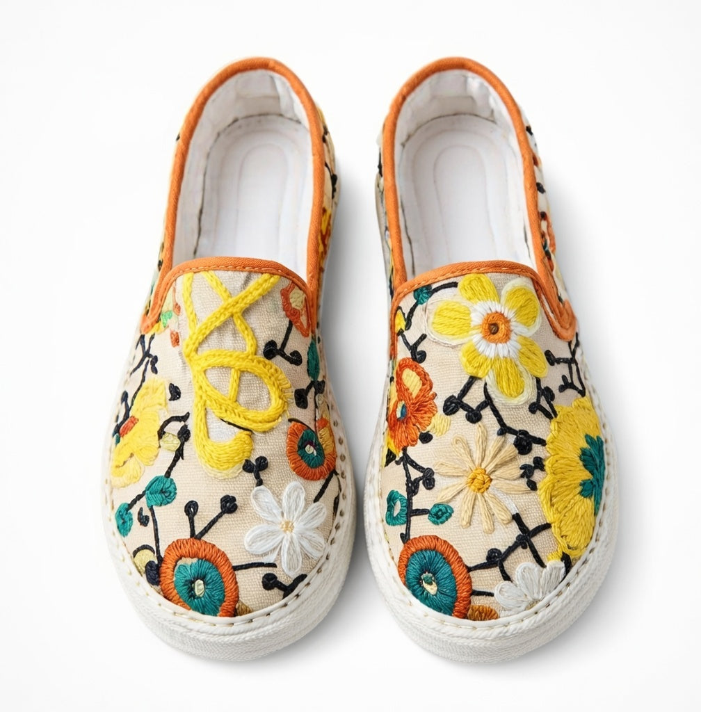 Handmade Floral Embroidered Cotton Slip-On Shoes – Breathable & Comfortable