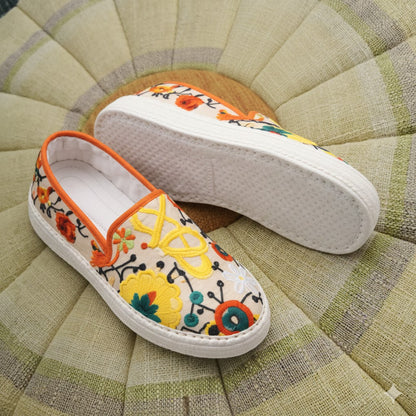 Handmade Floral Embroidered Cotton Slip-On Shoes – Breathable & Comfortable