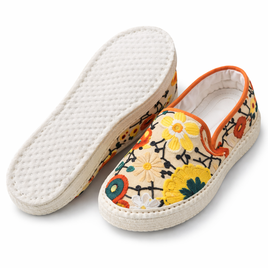 Handmade Floral Embroidered Cotton Slip-On Shoes – Breathable & Comfortable