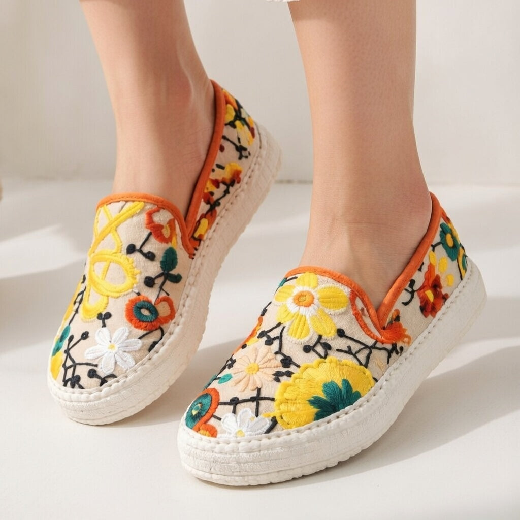 Handmade Floral Embroidered Cotton Slip-On Shoes – Breathable & Comfortable