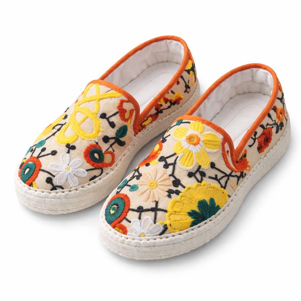Handmade Floral Embroidered Cotton Slip-On Shoes – Breathable & Comfortable