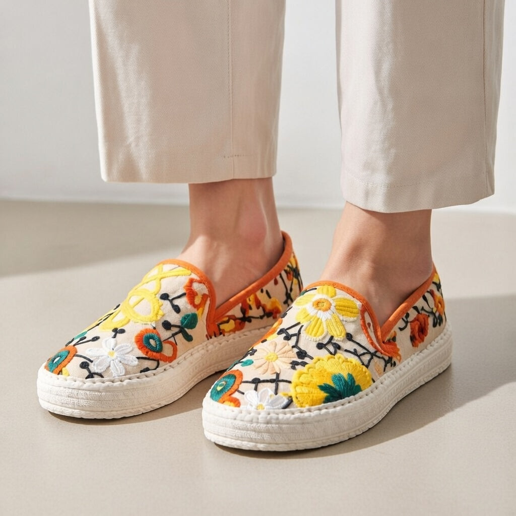 Handmade Floral Embroidered Cotton Slip-On Shoes – Breathable & Comfortable