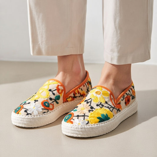 Handmade Floral Embroidered Cotton Slip-On Shoes – Breathable & Comfortable