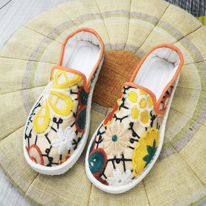 Handmade Floral Embroidered Cotton Slip-On Shoes – Breathable & Comfortable