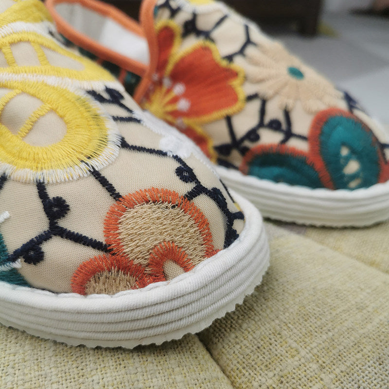 Handmade Floral Embroidered Cotton Slip-On Shoes – Breathable & Comfortable