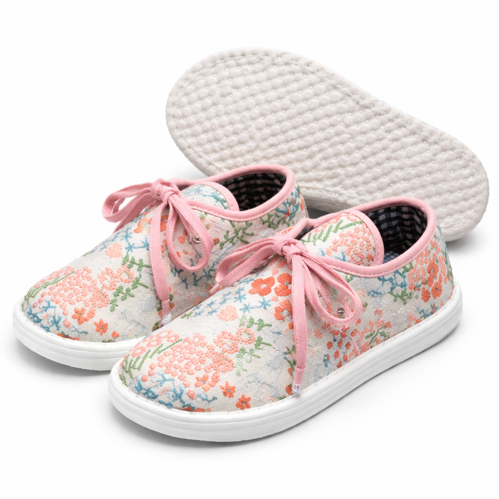 Handmade Embroidered Cotton Shoes – Traditional Floral Lace-Up Soft Sole