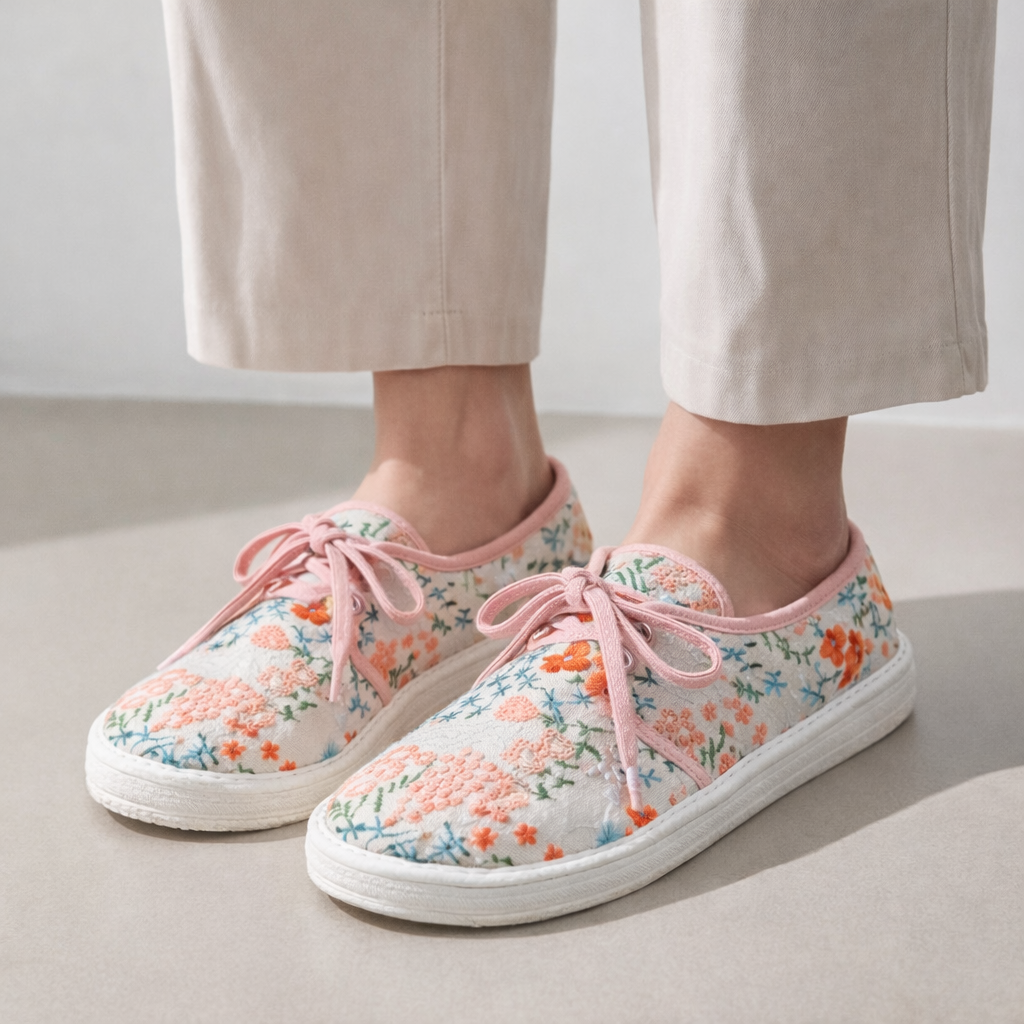Handmade Embroidered Cotton Shoes – Traditional Floral Lace-Up Soft Sole