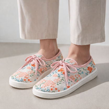 Handmade Embroidered Cotton Shoes – Traditional Floral Lace-Up Soft Sole