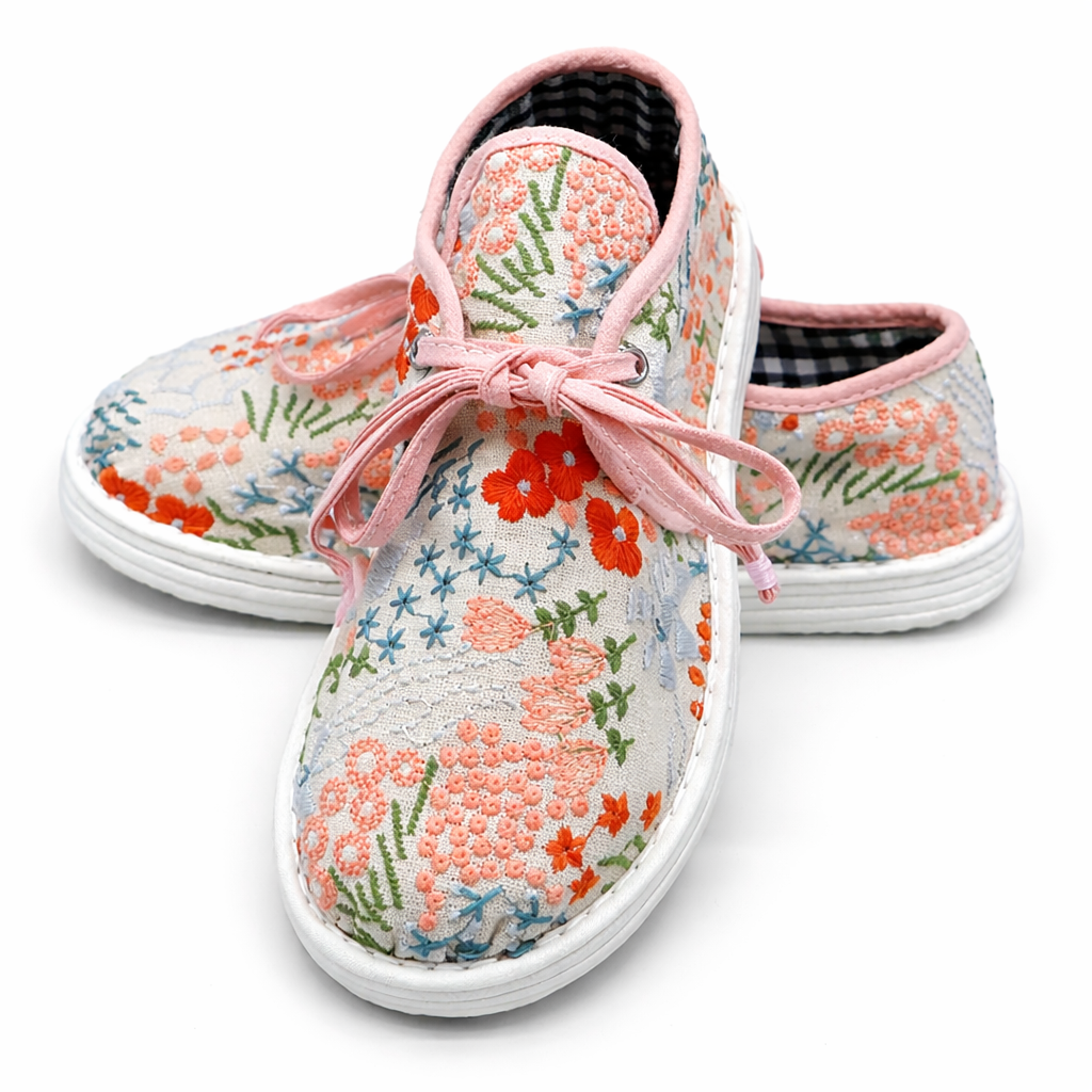 Handmade Embroidered Cotton Shoes – Traditional Floral Lace-Up Soft Sole
