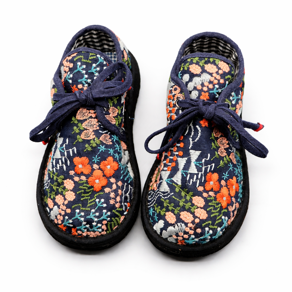 Handmade Embroidered Cotton Shoes – Traditional Floral Lace-Up Soft Sole